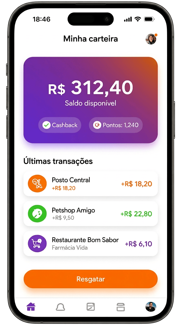 Tela de carteira do app Ponto Cash com saldo disponível